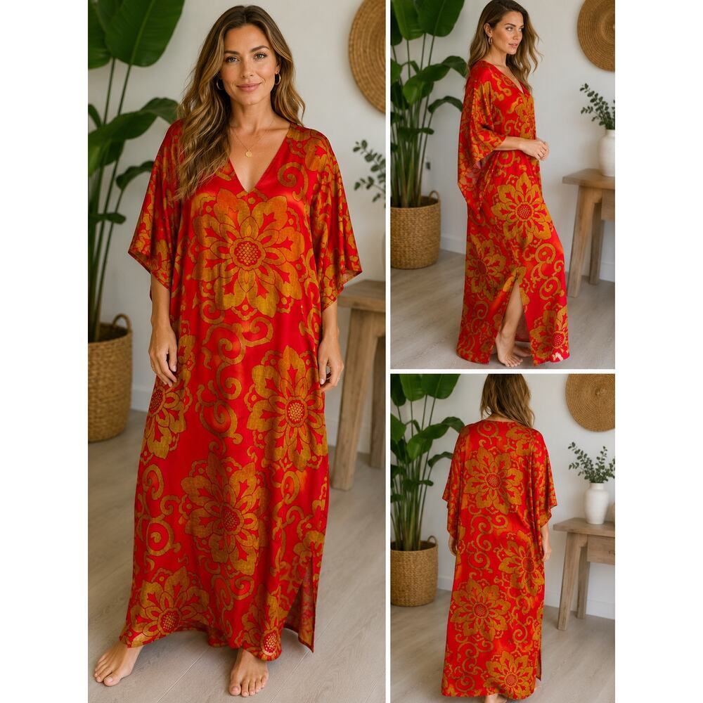 Natori Private Luxuries Pink Gold Floral Caftan Dress Resort Glam Lounge Coverup
